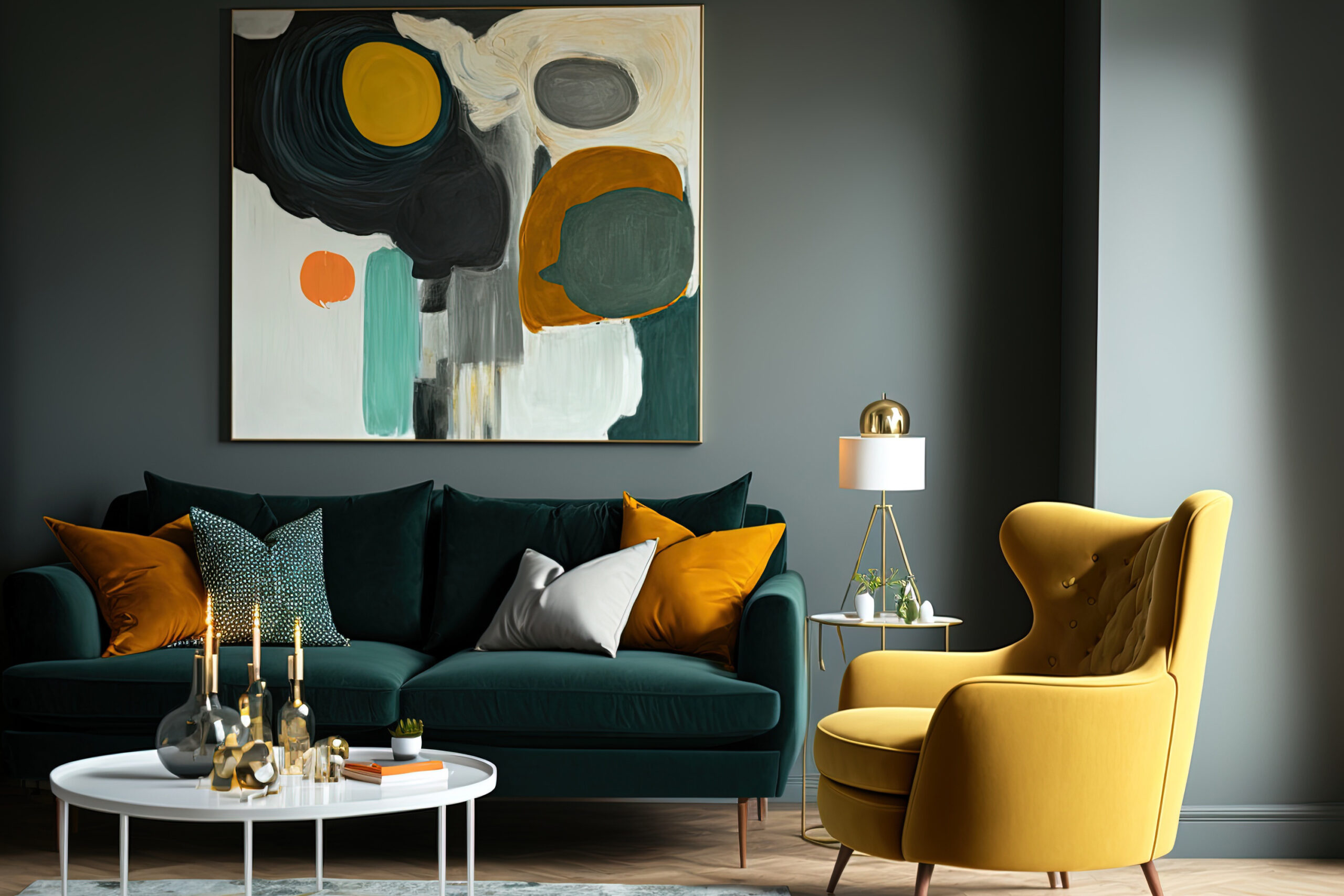 Retro living room design with abstract artwork on grey wall and beige sofa with pillows, antique dark green armchair, and yellow pouf with book. Generative AI